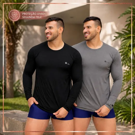 Kit 2 Camisas Térmicas Masculina Proteção UV50+ Segunda Pele Manga Longa Compressão Academia Dry Fit