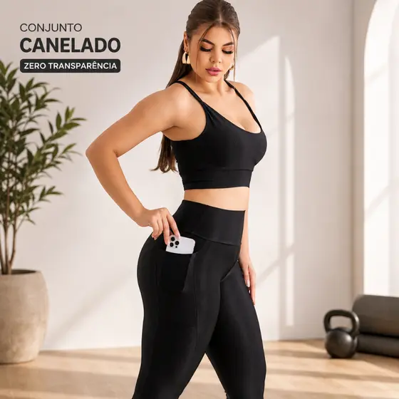 Conjunto Fitness Feminino Canelado Academia Calça Cós Alto Com Bolso Zero Transparência Treino
