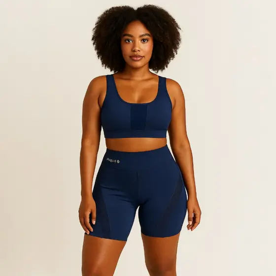 Conjunto de Shorts Feminino Academia Poliamida Top Alça Conjuntos Fitness Detalhe em Tule Bermuda