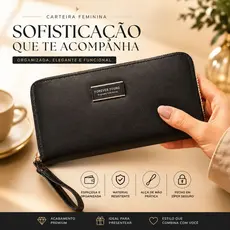 Carteira Longa Feminina de Couro PU com Zíper | Porta Cartões, Celular e Moedas HX7505