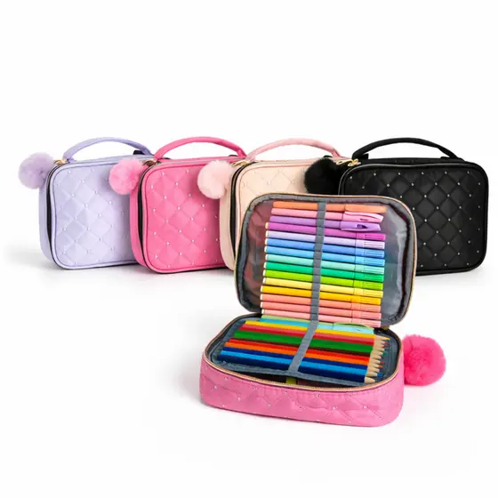 Estojo Box Duplo Feminino para Material Escolar com Latejoula e Pompom
