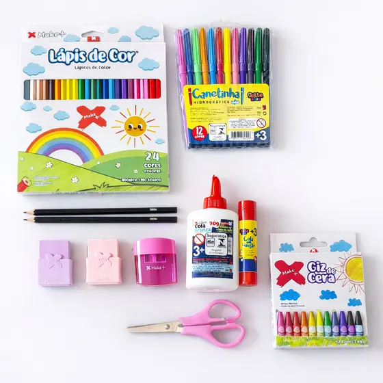 Kit Material Escolar Infantil Feminino 55 Itens Completo Educação Infantil Ensino Fundamental