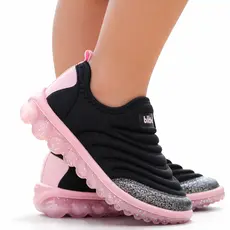 Tênis Infantil Menina Calçado Roller BiBi Preto Rosa Slip On Confortável Calce Fácil Antiderrapante