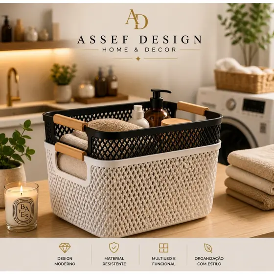 Cesto Organizador Grande Multiuso Preto e Branco com Alças de Madeira | Caixa Organizadora Decorativa para Banheiro, Lav