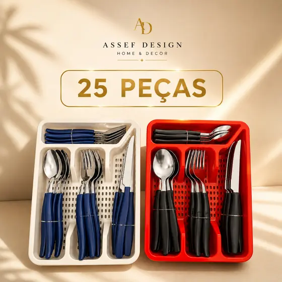 Conjunto Jogo De Talheres 25 Peças Inox Premium + Gaveteiro Organizador Porta Talheres Cozinha