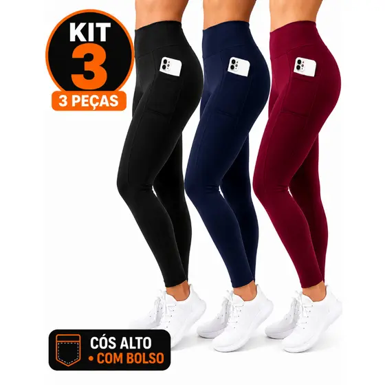 Kit 3 Calças Legging Feminina Cós Alto Bolso Lateral Suplex Fitness | Cobertura Reforçada, Baixa Transparência
