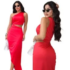 Vestido Longo Suplex Feminino Um Ombro Elegante Liso Moda Gringa Blogueira Aberto na barriga Verão