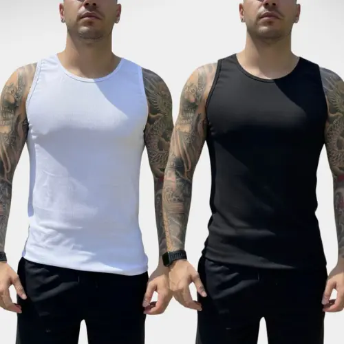 Kit 2 Regatas Masculinas Caneladas Ribana Algodão Modelo Básica e Elastano de Academia e Dia a Dia