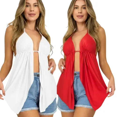 Kit 2 Cropped Malibu Cortininha Feminina Moda Blogueira Canelada com Decote Babado e Costas Nua