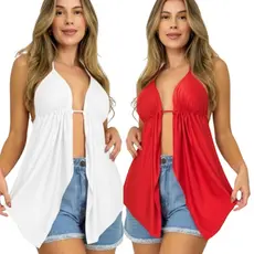 Kit 2 Cropped Malibu Cortininha Feminina Moda Blogueira Canelada com Decote Babado e Costas Nua