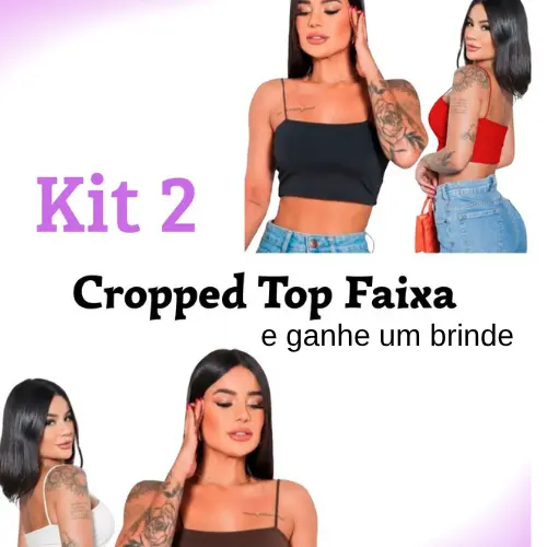 Kit 2 Cropped Feminino Top Faixa Alças Finas Elástico Básico Forro Duplo Suplex Premium Dia a Dia
