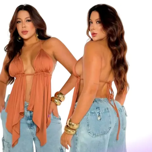 Cropped Malibu Cortininha Feminina Moda Blogueira com Decote Babado e Costas Nua