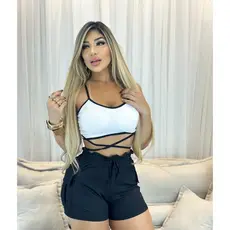 Conjunto Feminino Top Alcinha e Short Canelado Preto LS MODAS (Moda Jeans)