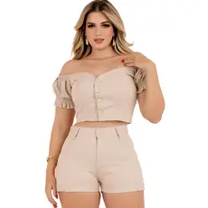 Conjunto Feminino Cropped Ciganinha e Short Cintura Alta LS MODAS (Moda Jeans)