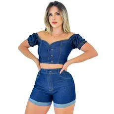 Conjunto Jeans Feminino Cropped e Short Cintura Alta LS MODAS (Moda Jeans)