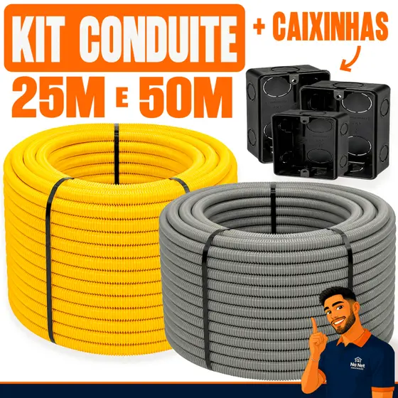 Conduite Corrugado PVC 3/4 25 á 50 Metros 10 á 50 Caixas 4x2 Rolo Reforçado Eletroduto Flexível