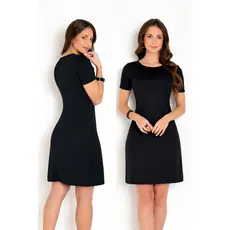 Vestido Curto Preto Levemente Evasê Manga Curta Gola Redonda Vestido Helanca + Brinde Surpresa