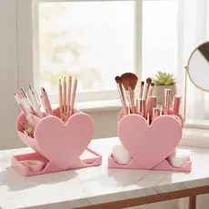 Organizador De Mesa Porta Canetas E Maquiagem Coração Rosa