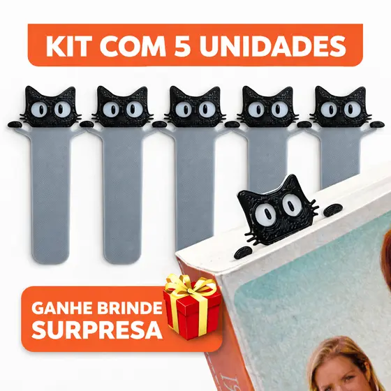 Kit 5 Marcador de Página Gatinho - bookmarks - Marcador de Página - Livro + Brinde Surpresa Cat
