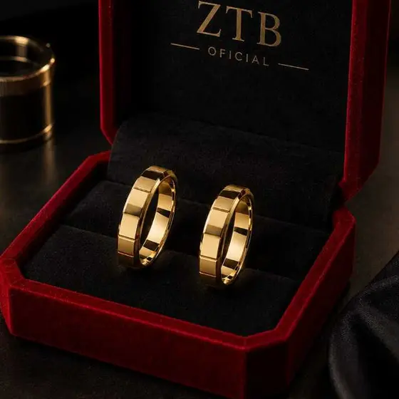 Par de Alianças Chanfradas 6mm Luxo Banhada em Ouro 20k Casamento Noivado Premium Estojo Veludo