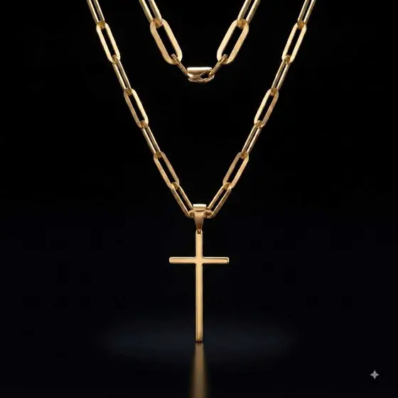 ZTB Original Corrente Masculina Ouro Banho 20k Pingente Cruz Proteção Premium