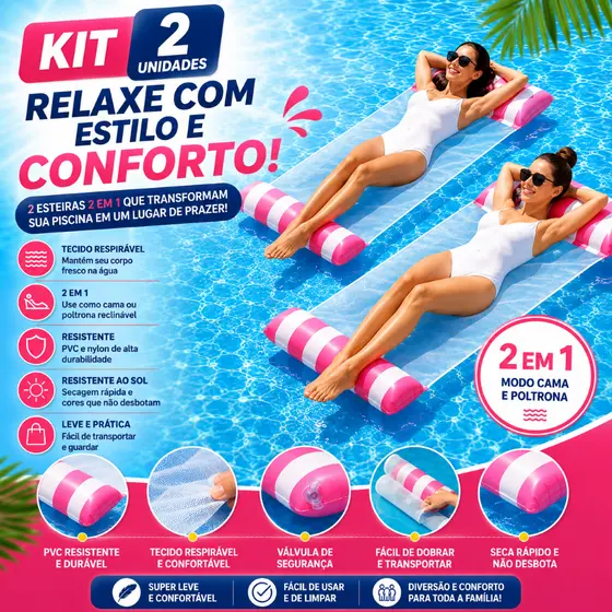 Kit 2 Bóia Rede Inflável Piscina 4 em 1 Flutuante Colchão Praia Inflável p/ Água Reclinável Listrada