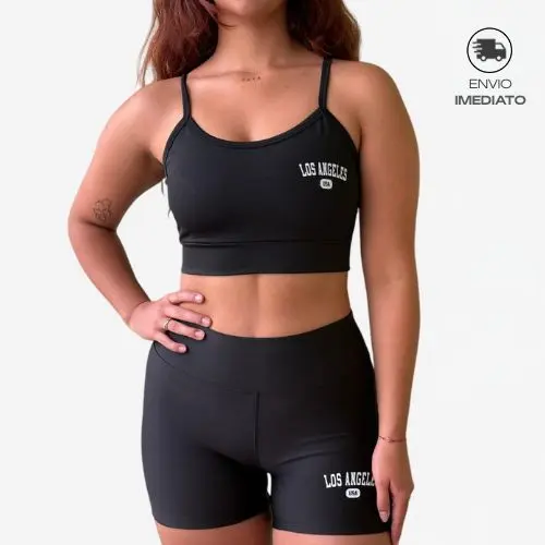 Conjunto Fitness Kit Los Angeles Fitness Top Alcinha e Short Cós Alto Modela Cintura Academia