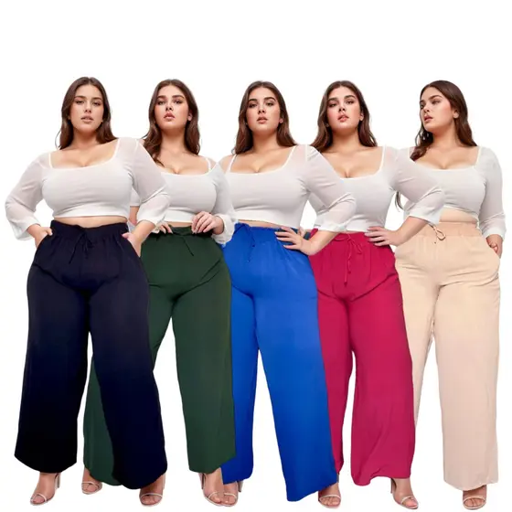 Calça Pantalona Plus Size Feminina Elastico Na Cintura Tecido Duna