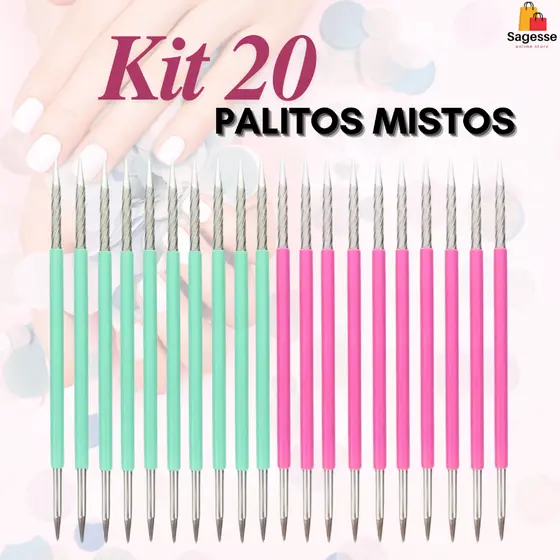 Kit 20 Palitos Duplo Slim -  Rosa e Verde com silicone cutelaria manicure
