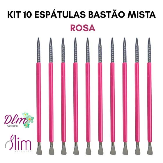 Kit 10 Espátulas Slim -  Bastão Mista Unha Inox ROSA  Com Silicone Cutelaria Manicure
