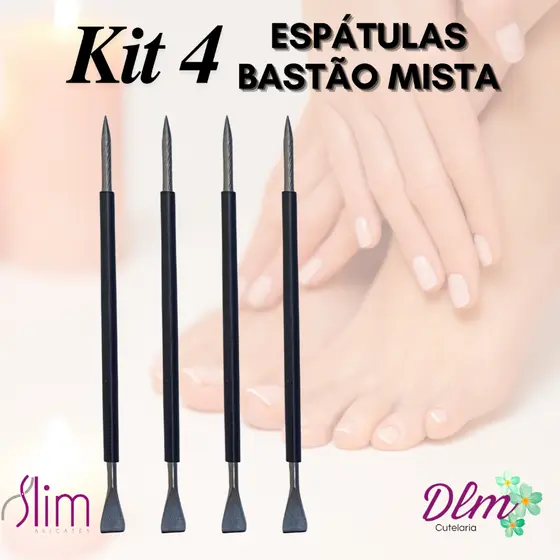 Kit 04 Espátulas Slim -  Bastão Mista Unha Inox - Silicone Preto Cutelaria Manicure