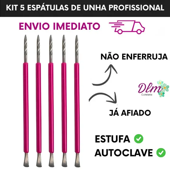 Kit 05 Espátulas - Bastão Mista Unha Inox ROSA Com Silicone Manicure Slim