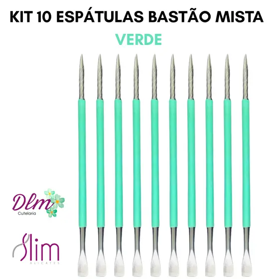 Kit 10 Espátulas Slim -  Bastão Mista VERDE Unha Inox Com Silicone Cutelaria Manicure