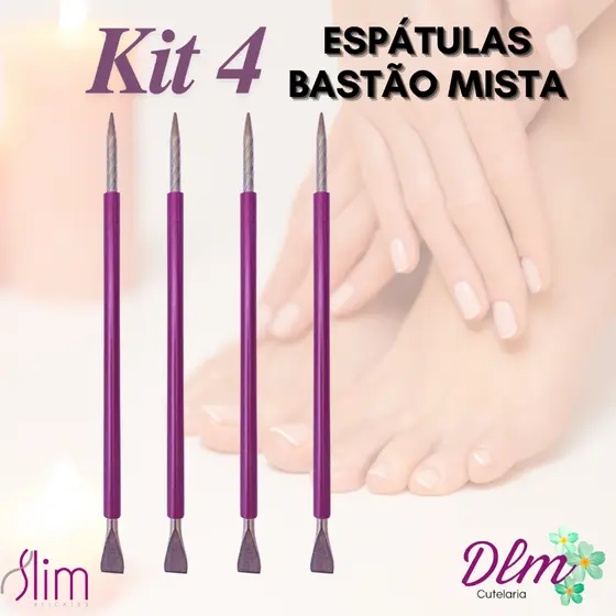 Kit 04 Espátulas Slim - Bastão Mista Unha Inox - Silicone Roxo Cutelaria Manicure