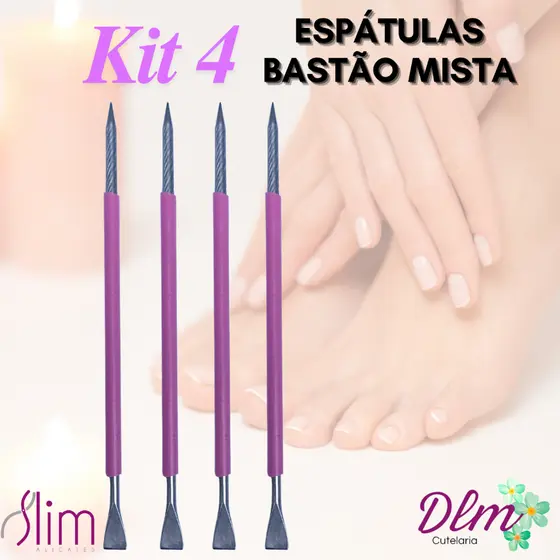 Kit 04 Espátulas Slim - Bastão Mista Unha Inox - Silicone Lilás Cutelaria Manicure