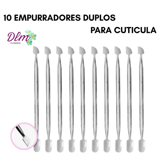 Kit 10 Espátulas Dupla Empurrador Inox Profissional Manicure e Pedicure Slim