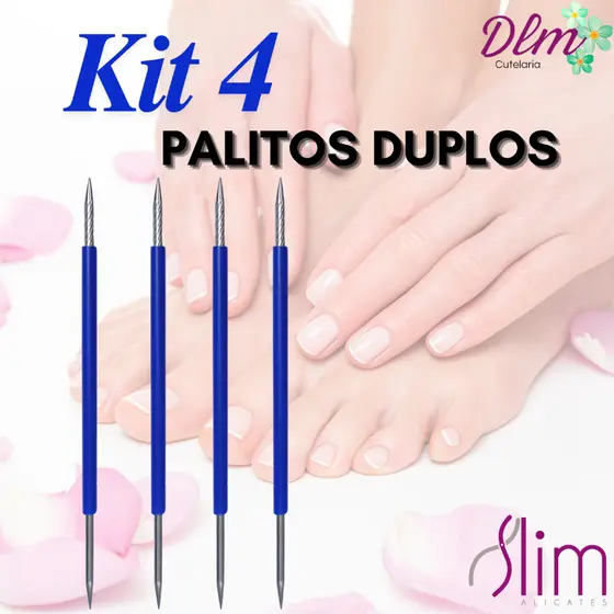 Kit com 4 Palito Duplo 105 Cutícula Manicure Pedicure Cutelaria Unha Azul Esterilizável Inox - Slim