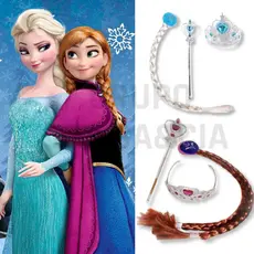 Kit Princesas Frozen Elza e Ana Fantasia Infantil Carnaval Trança + Coroa + Varinha