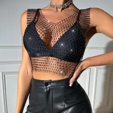 Blusa Cropped Sopreposição Telinha De Brilho Strass Arrastão Moda Blogueira