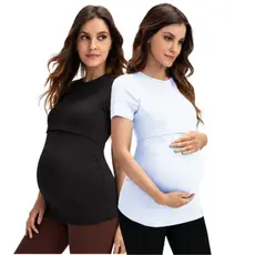 Kit 2 Camisetas Feminina de Amamentação com Abertura Frontal Transpassada Manga Curta Plus Size