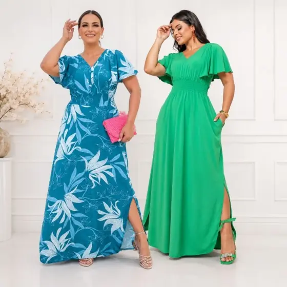 Vestido Feminino Longo Evangélico Moda Mulher Elegante Estampado Envio Imediato Lastex Manga Flare