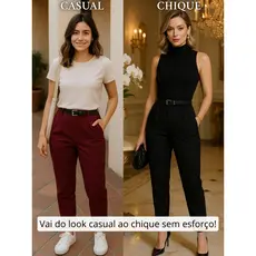 CALÇA FEMININA ALFAIATARIA CINTURA ALTA COM ZÍPER NA LATERAL ACOMPANHA CINTO