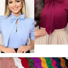 Blusa Plus Size G1 G2 G3 Feminina Social Manga Curta Bufante com laçinho Moda evangélica -079