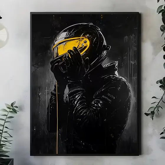 Quadro Decorativo Piloto de Moto Cyberpunk Black & Gold