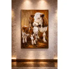 Quadro Decorativo Pintura Arte Em MDF Animais Da Fazenda Vaca Marrom E Bezerro Fofo