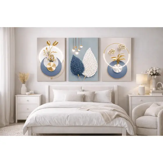Quadro Decorativo Abstrato Tríptico Floral Minimalista Azul e Metálico Luxo
