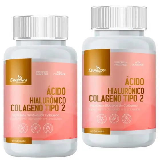 KIT 2 Ácido Hialurônico E Colágeno Tipo 2 Denature - 100 Cápsulas Pele E Articulações Suplemento Natural