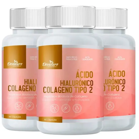 KIT 3 Ácido Hialurônico E Colágeno Tipo 2 Denature - 100 Cápsulas Pele e Articulações