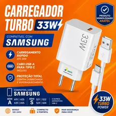 Carregador Turbo 33W Tipo C Compatível Samsung Galaxy A15 A25 A35 A55 S23 S24