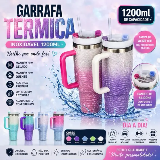✨🥤 GARRAFA TÉRMICA INOX 1200ML COM BRILHOS – ESTILO, LUXO E PRATICIDADE! 🥤✨